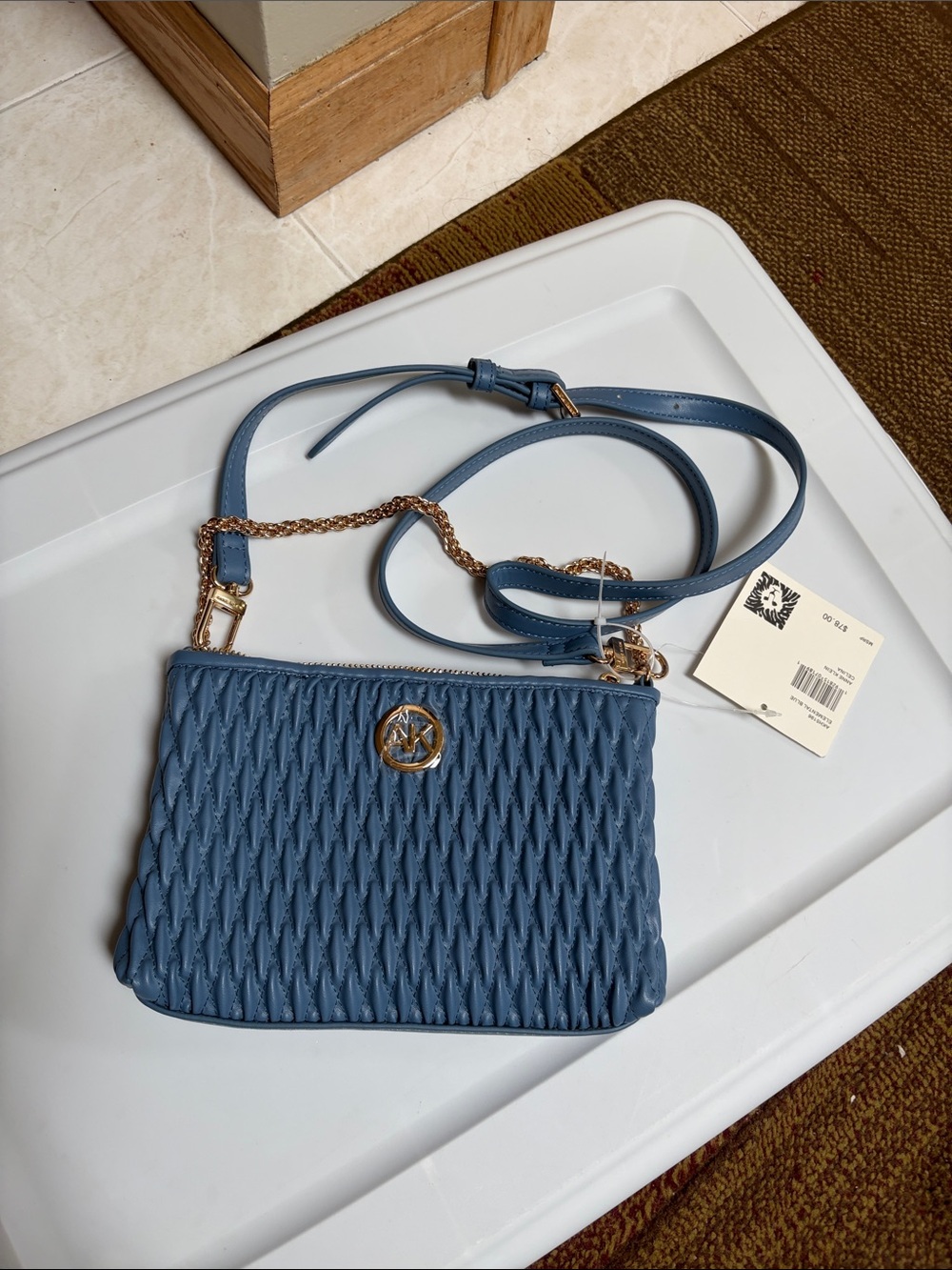 Anne Klein Slate Blue Quilted Crossbody with Gold Hardware